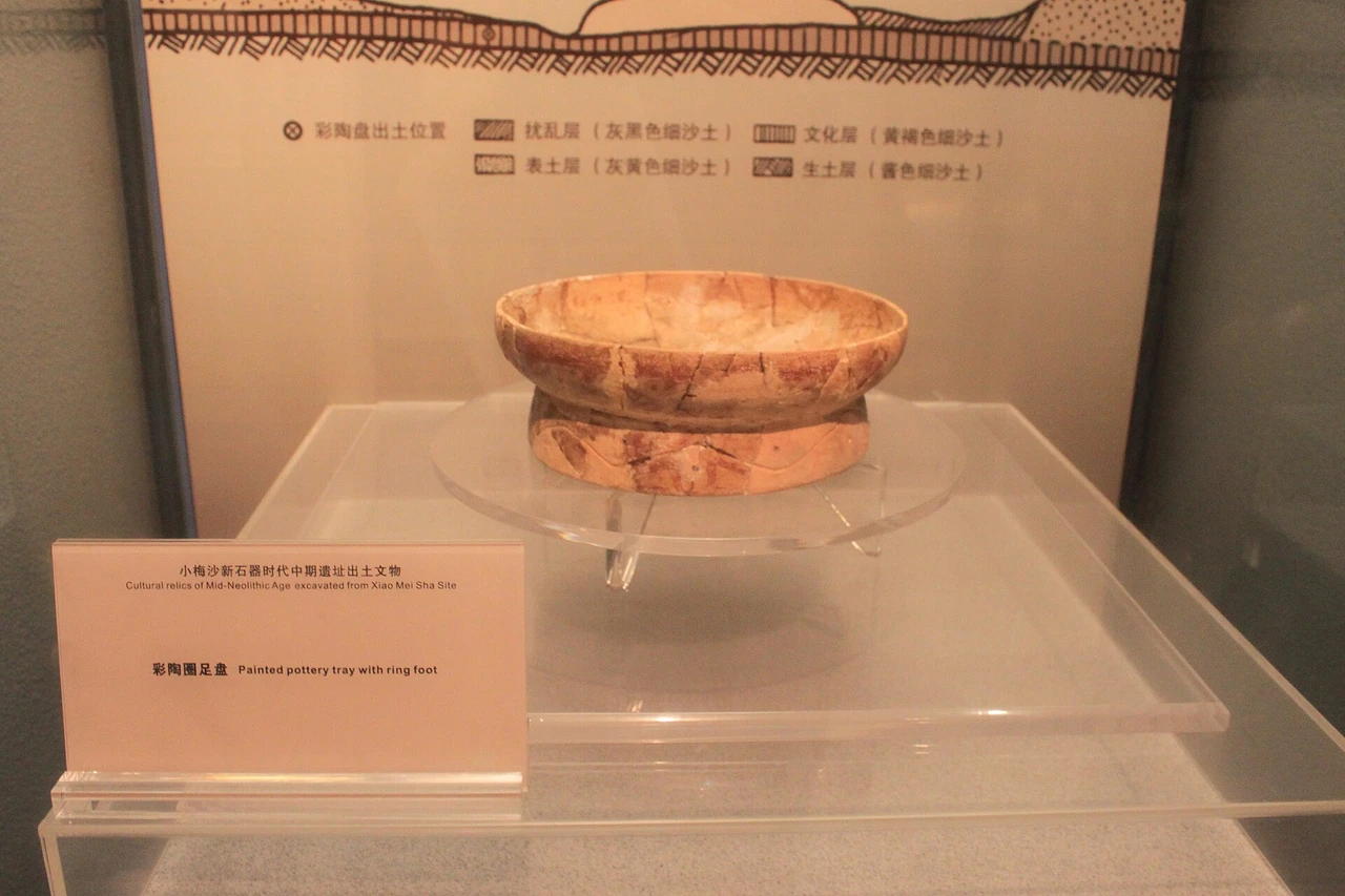 A painted pottery tray with ring feet, mid-Neolithic